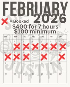February bookings open.
$400 • 7 hours.
Large piece discounts.

$50 down to book…