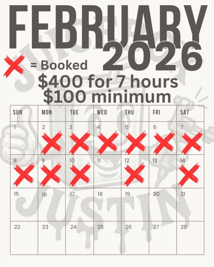 February bookings open.
$400 • 7 hours.
Large piece discounts.

$50 down to book…