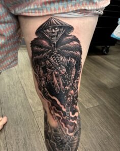 Insane Work in Progress on Jakes Leg!! Undead Samurai theme: made by @tony_range…