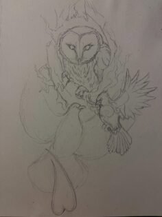 Terrible lighting. Current work in progress focus. Owl with turtle dove and card…