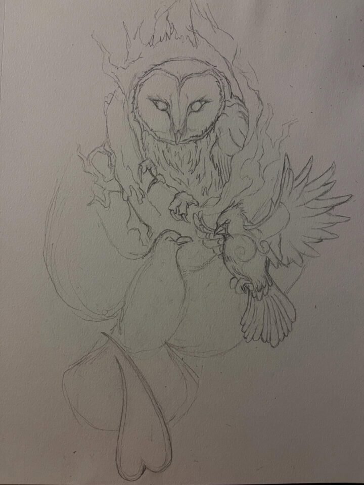 Terrible lighting. Current work in progress focus. Owl with turtle dove and card…