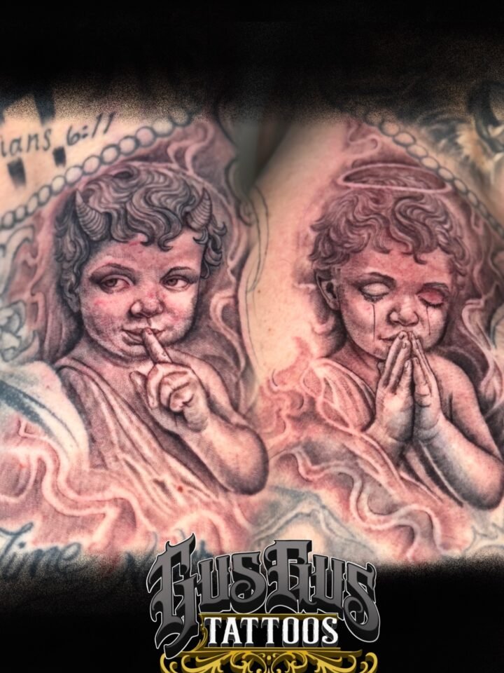 “Faith in my heart, demons in my shadow.” #cherub #tattoo #backandgreytattoo #ba…